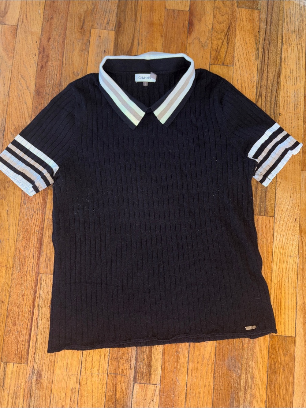 Calvin Klein Black Short-Sleeve Ribbed Polo with White-Trim Collar